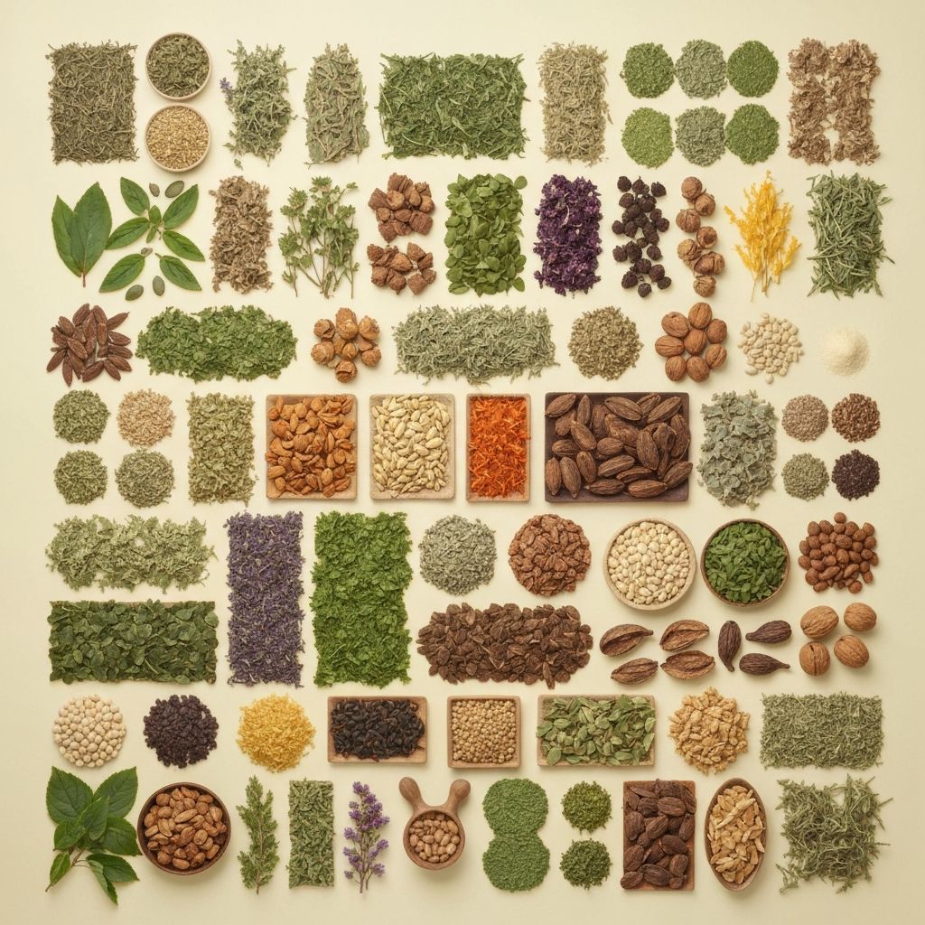 Flat lay of natural ingredients and herbs arranged in organized mosaic pattern