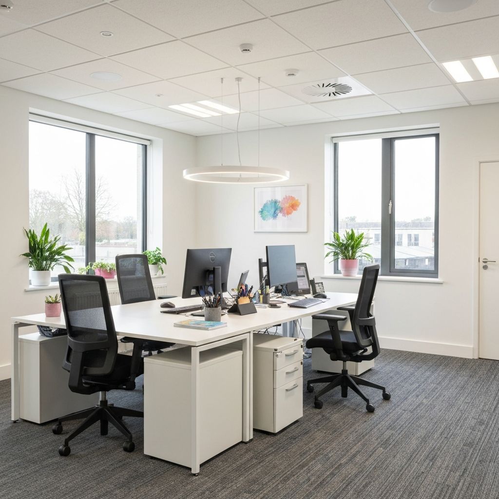 Modern office workspace with plants and natural light, ready to assist you