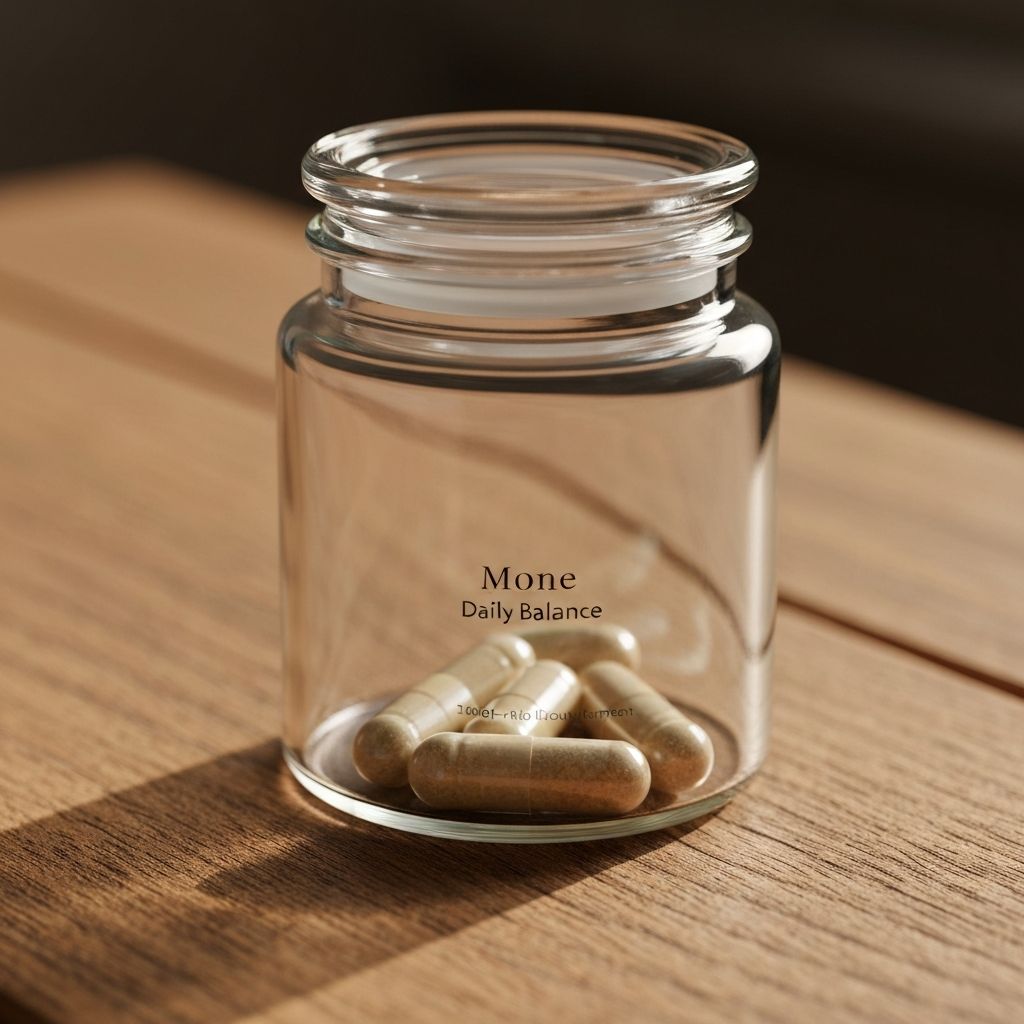 Life balance complex capsule jar with natural ingredients visible through glass
