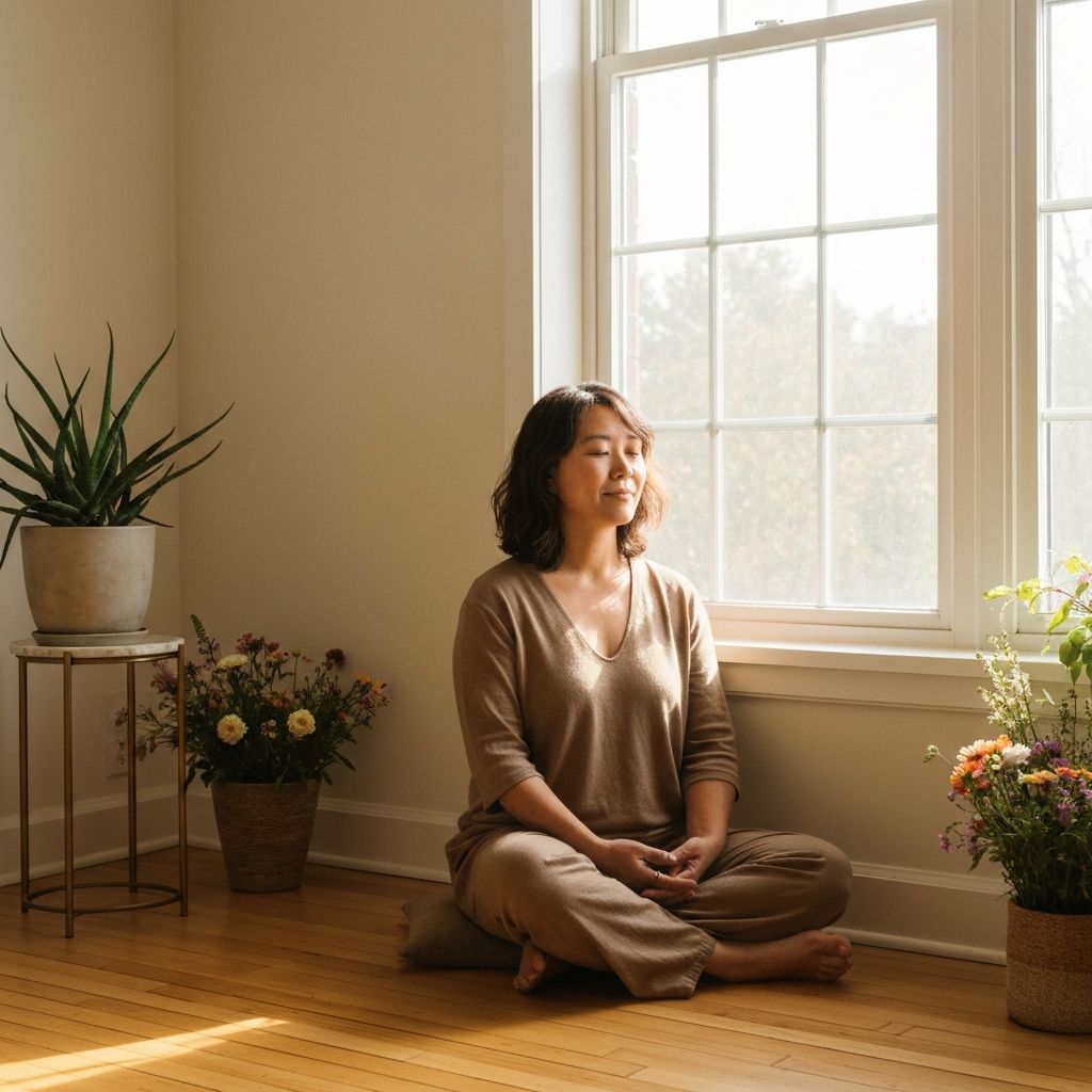 Person meditating by window in minimalist room with natural plants
